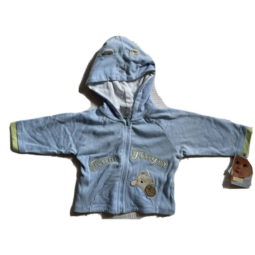 Baby Boy Vitamin Baby Baseball Bear Blue Ribbed Hooded Zip Up Size 9 Months Cute